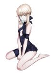  absurdres arm_garter artoria_pendragon_(all) artoria_pendragon_(swimsuit_rider_alter) bangs bare_arms bare_legs bare_shoulders barefoot between_legs braided_bun breasts breasts_apart covered_collarbone eyebrows_visible_through_hair fate/grand_order fate_(series) food food_in_mouth full_body hand_between_legs highres leg_garter looking_at_viewer matoi92 mouth_hold pale_skin platinum_blonde_hair popsicle short_hair sitting small_breasts soles solo toes v_arms wariza white_background yellow_eyes 