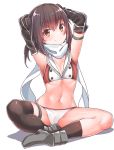  adapted_costume armpits arms_up bangs bikini black_hair black_legwear blush boots breasts brown_eyes cameltoe closed_mouth commentary_request eyebrows_visible_through_hair hair_between_eyes kantai_collection konnyaku_(kk-monmon) legs looking_at_viewer medium_hair navel remodel_(kantai_collection) scarf sendai_(kantai_collection) shoes simple_background single_thighhigh sitting small_breasts smile socks solo swimsuit thighhighs thighs white_background white_scarf 