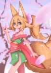  :3 absurdres akatsuki_urara animal_ear_fluff animal_ears bare_shoulders blonde_hair cherry_blossoms day flower fox_shadow_puppet fukutchi green_eyes hair_between_eyes hair_flower hair_ornament highres japanese_clothes kimono large_tail looking_at_viewer obi original outdoors petals ponytail sash short_kimono short_yukata sleeveless solo tree walking yukata 