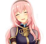  :d bloom blush breasts closed_eyes eyelashes hairband laughing long_hair megurine_luka nokuhashi open_mouth pink_hair simple_background smile solo twitter_username upper_body vocaloid 