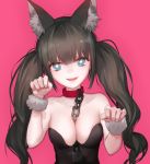  animal_ear_fluff animal_ears bangs bare_shoulders black_dress blue_eyes breasts brown_hair chain chain_between_breasts character_request choker cleavage collarbone dress long_hair looking_at_viewer open_mouth paw_pose pink_background qidai red_choker solo twintails upper_teeth 