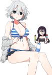  :d anetai_toyone bangs bare_arms bare_shoulders bikini black_bikini blush bottle breasts cleavage closed_eyes closed_mouth collarbone eyebrows_visible_through_hair food green_eyes grey_jacket hair_between_eyes head_tilt highres holding holding_bottle holding_food ice_cream ice_cream_cone jacket kosegawa_shiromi long_hair looking_at_viewer medium_breasts multiple_girls navel off_shoulder open_mouth purple_hair saki shisoneri silver_hair sitting smile striped striped_bikini swimsuit triple_scoop water_bottle 