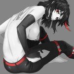  absurdres belt black_hair breasts commentary elbow_gloves english_commentary gloves grey_background highres kill_la_kill large_breasts matoi92 matoi_ryuuko multicolored_hair pants red_eyes red_hair shoulder_blades sideboob solo topless towel towel_on_one_shoulder 