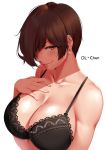  badge bangs bare_shoulders blush bra breasts brown_eyes brown_hair cleavage closed_mouth collarbone commentary earrings english_commentary hair_over_one_eye hand_on_own_chest highres jewelry lace lace_bra large_breasts looking_at_viewer lulu-chan92 office_lady ol-chan_(norman_maggot) original pink_lips pixie_cut shiny shiny_skin short_hair smile solo underwear white_background 