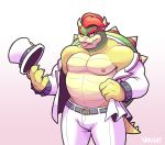  2018 4_fingers anthro bowser claws clothing front_view grin hair hat jacket koopa looking_at_viewer male mario_bros musclegut muscular muscular_male nintendo nipples pants pecs red_eyes red_hair reptile scalie simple_background smile solo standing teeth tongue video_games voviat white_background 