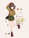  bag beret black_hair commentary gen_7_pokemon green_skirt grey_legwear hand_on_headwear handbag hat highres leaf leg_up long_sleeves mizuki_(pokemon) open_mouth pokemon pokemon_(creature) pokemon_(game) pokemon_sm rowlet short_hair simple_background skirt socks solo unapoppo 