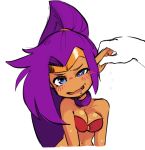  blue_eyes borvar breasts cleavage commentary dark_skin drooling eargasm english_commentary fang flying_sweatdrops heart heart-shaped_pupils long_hair md5_mismatch pointy_ears ponytail purple_hair rubbing shantae_(character) shantae_(series) solo_focus symbol-shaped_pupils tiara very_long_hair 