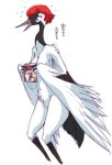  anthro avian beak bird black_feathers breasts can covering covering_self crane feathered_wings feathers female hair holding_object kemono melonleaf open_mouth purple_eyes red-crowned_crane red_hair simple_background slim solo sweat white_background white_feathers winged_arms wings 