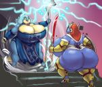  2018 areola armor big_breasts big_butt blue_eyes breasts brown_eyes brown_hair butt cleavage clothed clothing digital_media_(artwork) dragon dragonborn duo fangs female footwear hair high_heels huge_breasts huge_butt hyper hyper_breasts indy_(vdisco) knight lightning lizard magic_user melee_weapon obese overweight polearm reptile robe roo_(huskytrent) scalie shield shoes side_boob skimpy spear staff sword thick_thighs vdisco voluptuous weapon white_hair wide_hips 