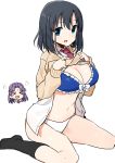  &gt;_&lt; :d bangs black_hair black_legwear blue_bra blush bow bow_bra bra breasts brown_sweater chibi cleavage closed_eyes clothes_lift collared_shirt dress_shirt eyebrows_visible_through_hair frilled_bra frills green_eyes hair_between_eyes kajiki_yumi large_breasts lifted_by_self multiple_girls navel necktie no_pants no_shoes nose_blush open_clothes open_mouth open_shirt panties purple_hair red_neckwear saki school_uniform shirt shisoneri sitting smile socks solo_focus sweat sweater sweater_lift touyoko_momoko underwear wariza wavy_mouth white_panties white_shirt 