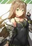  armpit_peek bangs bare_shoulders black_choker black_gloves black_shirt blush bow breasts brown_hair camisole camouflage_jacket choker cleavage closed_mouth collarbone commentary covered_navel double_bun fingerless_gloves floating_hair fur-trimmed_jacket fur_trim girls_frontline gloves green_bow green_eyes groin hair_bow hair_ornament hand_up highres jacket light long_hair looking_at_viewer medium_breasts off_shoulder pnt_(ddnu4555) radiation_symbol rfb_(girls_frontline) shirt sidelocks simple_background single_glove sleeveless sleeveless_shirt smile solo standing upper_body v zipper zipper_pull_tab 