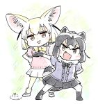  :d animal_ears black_hair black_neckwear black_skirt blonde_hair blush_stickers bow bowtie brown_eyes center_frills chibi commentary common_raccoon_(kemono_friends) extra_ears eyebrows_visible_through_hair fang fennec_(kemono_friends) fox_ears full_body fur_collar grey_hair hand_on_another's_head kemono_friends looking_at_viewer multicolored_hair multiple_girls open_mouth outstretched_arm panzuban pleated_skirt raccoon_ears raccoon_tail short_hair simple_background skirt smile tail triangle_mouth two-tone_hair white_skirt yellow_neckwear 