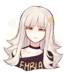  absurdres alternate_costume artist_name choker commentary fire_emblem fire_emblem_heroes grey_hair hair_ornament highres lazymimium long_hair red_eyes simple_background solo veronica_(fire_emblem) white_background 