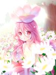  blush commentary_request crying crying_with_eyes_open field flower flower_field flower_on_head highres long_hair looking_at_viewer original parted_lips pink_hair rai_miruku red_eyes tears twitter_username 