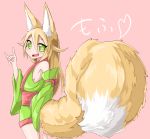  :d absurdres akatsuki_urara animal_ear_fluff animal_ears bare_shoulders blonde_hair blush commentary_request detached_sleeves fox_ears fox_shadow_puppet fox_tail fukutchi green_eyes hair_between_eyes highres japanese_clothes kimono large_tail long_hair looking_at_viewer looking_back open_mouth original short_kimono short_yukata simple_background smile solo tail thick_eyebrows yukata 