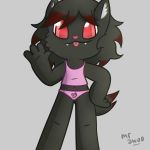  2018 anthro black_fur black_hair cat chibi clothed clothing cute digital_media_(artwork) ear_tuft fangs feline female front_view fur grey_background hair happy hi_res highlights humanoid_hands long_hair looking_at_viewer mammal mr_awoo multicolored_hair navel panties pink_nose red_eyes red_highlights shirt signature simple_background smile solo standing tank_top tongue tongue_out tuft two_tone_hair underwear 