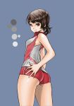  ass bangs blue_background breasts brown_eyes brown_hair closed_mouth color_guide commentary cowboy_shot girls_und_panzer hand_on_hip highres kawanishi_shinobu looking_at_viewer looking_back red_shirt red_shorts shirt short_hair short_ponytail short_shorts shorts sideboob simple_background single_vertical_stripe sleeveless sleeveless_shirt small_breasts smile solo sportswear standing swept_bangs volleyball_uniform yamano_rita 