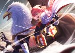  absurdres astolfo_(fate) black_bow black_legwear boots bow braid cape cloud cloudy_sky fang fate/apocrypha fate_(series) from_side fur_trim gauntlets hair_bow hair_intakes highres hippogriff holding holding_sword holding_weapon long_hair midair open_mouth otoko_no_ko pink_hair single_braid sion_(9117) sky solo sword thighhighs weapon white_cape 