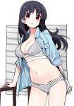  arm_support ass_visible_through_thighs bangs blue_shirt blush bra breasts cleavage collared_shirt eyebrows_visible_through_hair grey_bra grey_panties large_breasts long_hair looking_at_viewer navel open_clothes open_shirt panties parted_lips railing saki saki_achiga-hen shimizudani_ryuuka shirt shisoneri short_sleeves solo standing underwear white_background 