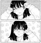  2koma bangs black_border border circlet closed_mouth comic commentary_request face glasses greyscale hand_on_eyewear head_tilt long_sleeves looking_at_viewer monochrome nikaidou_kou original parted_lips portrait silent_comic triangle 