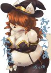  anthro armwear belly big_breasts blush breasts canine chest_tuft cleavage clothed clothing elbow_gloves embarrassed female fur garter_straps gloves hair hair_over_eyes hat holding_breast japanese_text kemono magic_user mammal midriff noriburu open_mouth overweight red_hair ring skimpy solo tan_fur text translation_request tuft witch witch_hat 