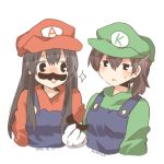  akagi_(kantai_collection) black_eyes blue_overalls blush brown_hair commentary_request cosplay crossdressing crossover facial_hair fake_facial_hair fake_mustache green_hat green_shirt hat kaga_(kantai_collection) kantai_collection long_hair lowres luigi luigi_(cosplay) mario mario_(cosplay) mario_(series) multiple_girls mustache open_mouth overalls rebecca_(keinelove) shirt short_hair side_ponytail single_letter smile super_mario_bros. sweat 