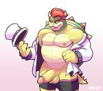  2018 4_fingers anthro balls bowser claws clothing erection front_view grin hair hat humanoid_penis jacket koopa looking_at_viewer male mario_bros muscular muscular_male nintendo nipples pecs penis precum red_eyes red_hair reptile scalie simple_background smile solo standing teeth tongue underwear vein veiny_penis video_games voviat white_background 