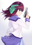  angel_beats! bangs beretta_92 blush closed_mouth commentary_request eyebrows_visible_through_hair gradient gradient_background green_eyes grey_background gun hand_up handgun highres holding holding_gun holding_weapon long_hair long_sleeves looking_at_viewer looking_to_the_side pistol pleated_skirt profile purple_hair purple_sailor_collar purple_skirt sailor_collar school_uniform serafuku shirt simple_background skirt smile solo soupchan trigger_discipline weapon white_background white_shirt yuri_(angel_beats!) 