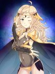  ahoge blonde_hair blue_eyes breasts cape center_opening circlet cleavage closed_mouth commentary covered_navel fire_emblem fire_emblem_if highres long_hair nagisa_fe night night_sky one_eye_closed ophelia_(fire_emblem_if) sky solo star_(sky) 