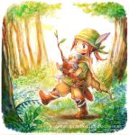  bandana beak boots brown_eyes brown_hair cape carrying closed_eyes colored_pencil_(medium) commentary_request dagger expressionless feathers forest gloves granblue_fantasy jade_(granblue_fantasy) nature ponytail scar stick traditional_media twitter_username walder walking wataori_(ippuku_shimasho) watercolor_(medium) weapon younger 