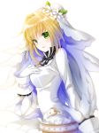  blonde_hair bridal_veil chain commentary fate/extra fate/extra_ccc fate_(series) flower gloves green_eyes hair_flower hair_ornament hand_on_own_chest highres long_sleeves looking_at_viewer nero_claudius_(bride)_(fate) nero_claudius_(fate)_(all) rai_miruku solo upper_body veil white_background white_gloves 