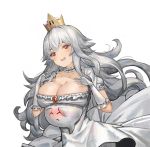  :d absurdres bangs blush boo breast_lift breasts chobbb cleavage collarbone crown dress elbow_gloves frills frown gloves grey_dress grey_hair hair_between_eyes highres huge_breasts huge_filesize large_breasts long_hair looking_at_viewer luigi's_mansion mario_(series) new_super_mario_bros._u_deluxe open_mouth princess_king_boo puffy_short_sleeves puffy_sleeves red_eyes short_sleeves simple_background smile super_crown white_background white_gloves 