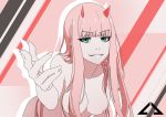  :3 absurdres areolae bangs blunt_bangs breasts darling_in_the_franxx diagonal-striped_background diagonal_stripes disconnected_mouth drop_shadow fingernails flat_color green_eyes half-closed_eyes highres horns leaning_forward long_fingernails long_hair looking_at_viewer matoi92 medium_breasts nipples nude oni_horns pink_hair reaching_out red_horns ringed_eyes small_nipples smirk solo straight_hair striped striped_background upper_body zero_two_(darling_in_the_franxx) 