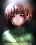  bangs black_background blood blood_on_face brown_hair chara_(undertale) chariko commentary english_commentary eyelashes green_sweater hair_between_eyes looking_at_viewer red_eyes short_hair slit_pupils smile solo sweater turtleneck turtleneck_sweater undertale upper_body 