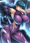  absurdres black_hair bodysuit breasts covered_navel covered_nipples elbow_gloves fishnets gloves green_eyes haganef highres huge_breasts igawa_asagi impossible_bodysuit impossible_clothes katana ninja purple_bodysuit shiny shiny_clothes skin_tight solo sword taimanin_(series) taimanin_asagi taimanin_suit weapon 