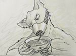  anthro bust_portrait dhitte_jerrech ear_piercing female food fur furgonomics furry-specific_piercing jakethegoat mammal mask piercing portrait rat rodent scar simple_background solo soup straw traditional_media_(artwork)solo 