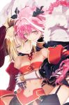  astolfo_(fate) bangs bare_shoulders beltbra black_ribbon blonde_hair braid breasts cape closed_mouth commentary_request detached_sleeves fang fate/apocrypha fate/grand_order fate_(series) fur_trim garter_straps gauntlets green_eyes hair_between_eyes hair_ribbon hug hug_from_behind juliet_sleeves long_hair long_sleeves looking_at_viewer miniskirt mordred_(fate) mordred_(fate)_(all) navel parted_bangs pink_hair puffy_sleeves red_skirt ribbon single_braid sitting skirt small_breasts smile thighhighs toned white_cape yaku_(ziroken) yellow_eyes 