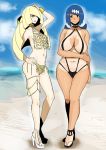  2girls ac_butsupa bare&amp;_shoulders bare_arms beach blonde_hair blue_eyes blush breasts creatures_(company) curvy dark_skin full_body game_freak gold heels jewelry large_breasts legs lusamine_(pokemon) mature milf multiple_girls navel nintendo pale_skin pokemon pokemon_(game) pokemon_sm slingshot_swimsuit small_breasts stomach suiren&#039;s_mother_(pokemon) swimsuit tan tanline thick_thighs thighs 