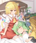  animal_ears ascot bed bed_sheet black_hat blonde_hair blush bow cat_ears cat_tail closed_eyes commentary_request crystal dress eyeball flandre_scarlet frilled_dress frilled_shirt_collar frills green_hair green_skirt hand_on_another's_head hat hat_bow hat_ribbon heart heart_of_string indoors kemonomimi_mode komeiji_koishi lap_pillow lying multiple_girls nagomian on_bed on_side pillow puffy_short_sleeves puffy_sleeves red_dress red_ribbon ribbon shirt short_hair short_sleeves sitting skirt smile tail third_eye touhou white_legwear wide_sleeves wings yellow_bow yellow_neckwear yellow_ribbon yellow_shirt yuri 