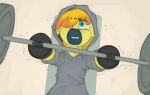  blue_eyes clothing equine exercise fan_character feral fur hair hoodie horse lying male mammal marsminer multicolored_hair my_little_pony on_back orange_hair orange_mane pony solo sweat sweater two_tone_hair two_tone_mane weightlifting workout yaktan yellow_fur 