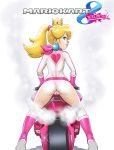  1girl artist_name ass blonde_hair boots cameltoe crown exhaust female from_behind full_body glint gloves ground_vehicle hair_tie heart highres legs_apart lips looking_back mario_(series) mario_kart motor_vehicle motorcycle multicolored_leotard nintendo pink_footwear pink_gloves pink_neckwear ponytail princess_peach series_name shiny shiny_hair simple_background smile smoke solo standing teeth tekuho_no_habo tied_hair watermark web_address white_background 