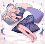  bangs barefoot bed_sheet blonde_hair blue_eyes blurry collarbone crescent depth_of_field dress eyebrows_visible_through_hair full_body hat highres idolmaster idolmaster_cinderella_girls layla_(idolmaster) long_hair looking_at_viewer lying mo_(mokatampe) nightcap on_side open_mouth pillow pom_pom_(clothes) short_sleeves smile solo star swept_bangs toenails 