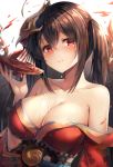  ahoge alcohol azur_lane bangs bare_shoulders black_hair blurry blurry_background blush breasts choker cleavage collarbone commentary_request cup eyebrows_visible_through_hair feathers hair_between_eyes hair_ornament hair_ribbon highres holding holding_cup huge_breasts japanese_clothes kimono large_breasts light_particles long_hair looking_at_viewer mask mask_on_head motokonut obi off_shoulder parted_lips pouring red_eyes red_kimono red_ribbon ribbon rigging sakazuki sash sidelocks smile solo taihou_(azur_lane) upper_body very_long_hair wide_sleeves 