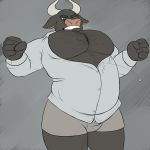  anthro black_fur body_hair bovine bulge button_shirt cattle chest_hair clothing fur male mammal mature_male milo_(oystercatcher7) muscular oystercatcher7 pecs pink_nose simple_background solo underwear 
