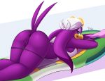  2018 anthro anus ass_up avian bandanna beak bedroom_eyes bird blue_eyes breasts butt clothing drako1997 eyewear feathers female half-closed_eyes hi_res hoverboard looking_back lying on_front panties panties_down purple_feathers pussy seductive shirt simple_background solo sonic_(series) sonic_riders sunglasses swallow_(bird) tank_top underwear wave_the_swallow white_background 