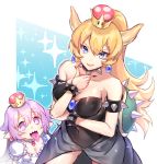  arm_rest bare_shoulders black_leotard black_nails blue_earrings bowsette bracelet breasts brooch cleavage collar crown fingernails grey_skirt hand_on_own_elbow horns jewelry leotard light_blue_eyes long_hair long_ponytail long_skirt luigi's_mansion mario_(series) medium_breasts mini_crown multiple_girls nail_polish new_super_mario_bros._u_deluxe open_clothes open_skirt pendant popupi princess_king_boo puffy_short_sleeves puffy_sleeves purple_eyes purple_hair red_earrings sharp_fingernails shiny shiny_hair short_sleeves skirt smile sparkle_background spiked_bracelet spiked_collar spiked_shell spikes strapless strapless_leotard super_crown tongue tongue_out very_long_hair 