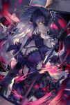  armor armored_dress bare_shoulders breasts chain cleavage closed_mouth fate/grand_order fate_(series) flag gauntlets hair_ornament headpiece holding holding_flag holding_weapon jeanne_d'arc_(alter)_(fate) jeanne_d'arc_(fate)_(all) large_breasts long_hair looking_at_viewer maon_(vava0210) navel navel_cutout petals rose_petals signature smile solo sword very_long_hair weapon white_hair yellow_eyes 