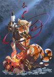  2018 5_fingers anthro blonde_hair blue_eyes breasts cat clothed clothing demon detailed_background digital_media_(artwork) duo feline female fur hair holding_object holding_weapon kittythesilence mammal melee_weapon orange_fur sword tiger weapon 