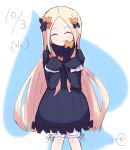  ^_^ abigail_williams_(fate/grand_order) bangs black_bow black_dress black_hat blonde_hair bloomers blush bow bug butterfly closed_eyes closed_mouth commentary_request dated dress facing_viewer fate/grand_order fate_(series) hair_bow hands_up hat highres insect kujou_karasuma long_hair long_sleeves orange_bow parted_bangs polka_dot polka_dot_bow signature sketch sleeves_past_fingers sleeves_past_wrists smile solo standing underwear very_long_hair white_bloomers 