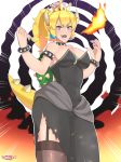  1girl absurdres armlet artist_name bangs bare_shoulders black_dress black_legwear black_nails blonde_hair blue_eyes blush bowsette bracelet breasts breathing_fire cleavage collar covered_navel crown dress earrings emphasis_lines female fire garter_straps hands_up happy highres horns jewelry large_breasts nail_polish new_super_mario_bros._u_deluxe open_mouth outline ponytail sarukaiwolf sharp_teeth shiny shiny_hair shiny_skin side_slit signature smile solo spiked_bracelet spiked_collar spiked_shell spikes standing strapless strapless_dress super_crown teeth thighhighs tied_hair torn_clothes torn_dress turtle_shell watermark white_outline 
